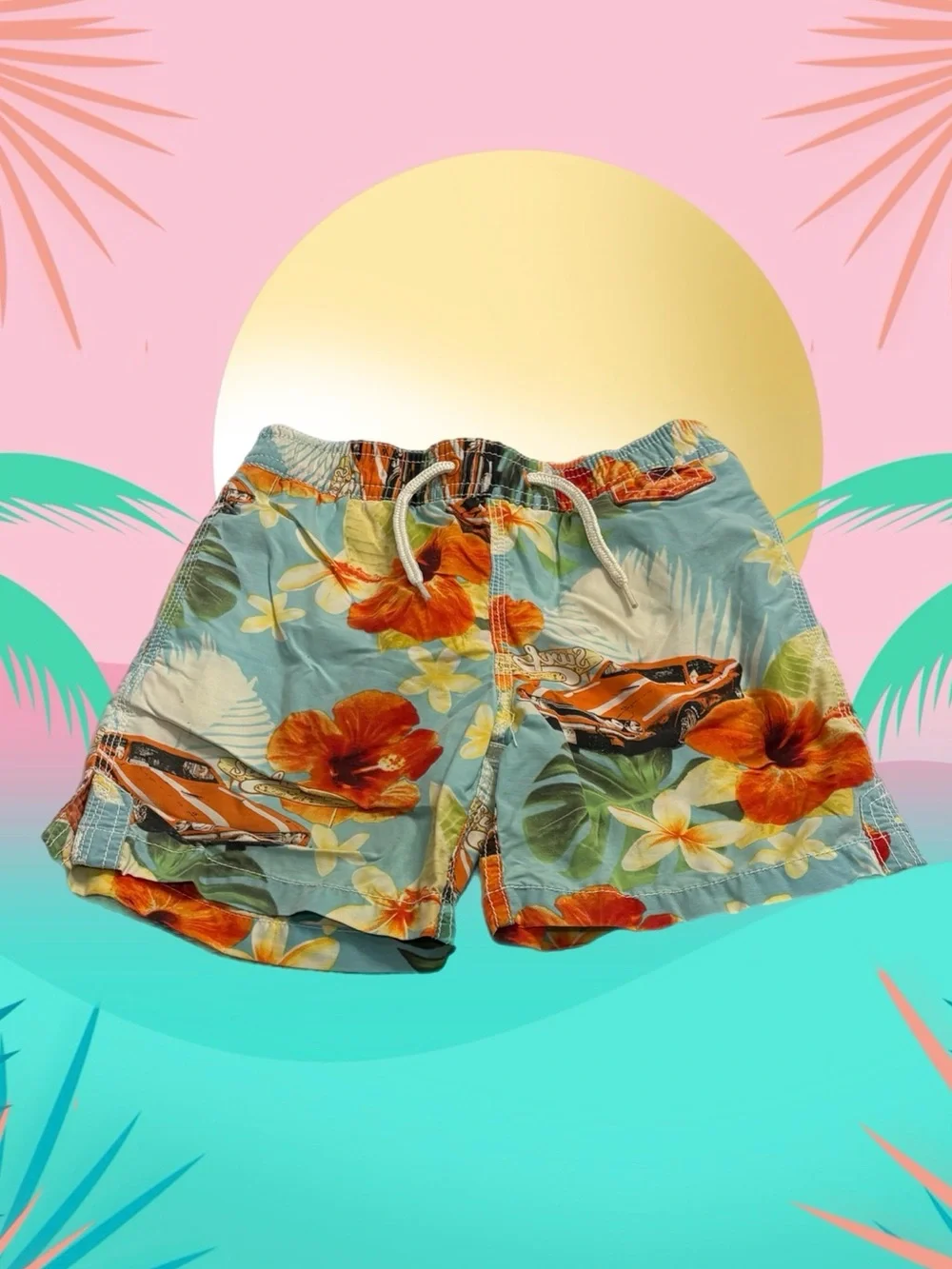 Baby Gap Boys Hawaiian Swim Trunks w/ Flowers and Cars Shorts Size 5 Years